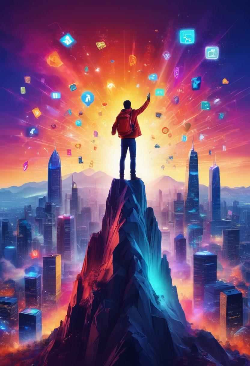 A dynamic scene depicting a blogger triumphantly standing on top of a digital mountain, with social media icons and glowing metrics swirling around, representing growth and engagement. The background features a vibrant city skyline with towering screens displaying blogs and content, symbolizing digital impact. The sky is filled with colorful, abstract patterns, conveying creativity and innovation. super-realistic. vibrant colors. 3D.