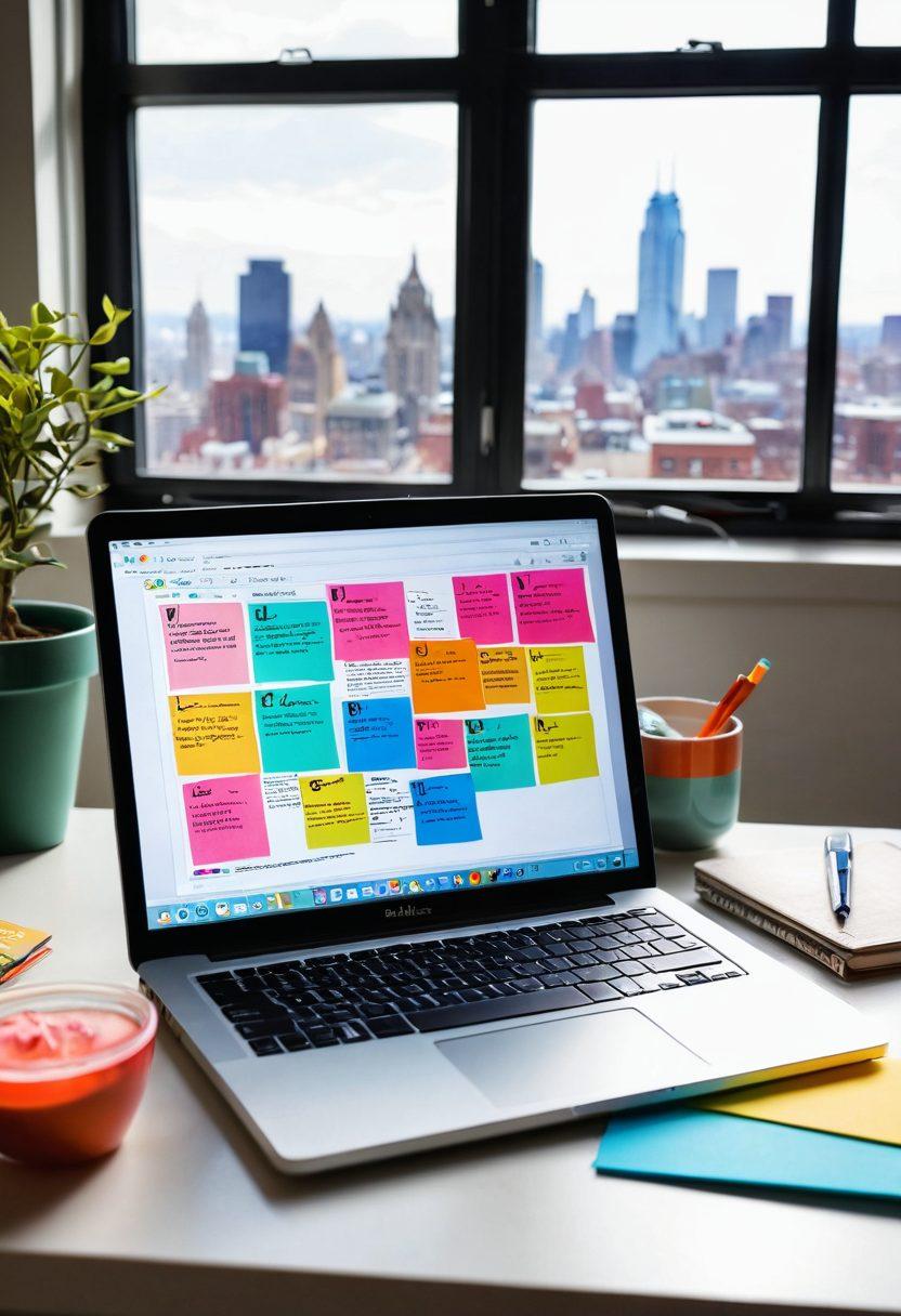 A visually striking open laptop showcasing a captivating blog interface, with a notepad filled with brainstorming ideas, surrounded by colorful sticky notes. In the background, a bright window with sunlight streaming in symbolizes inspiration and a bustling cityscape representing online connectivity. Quill and ink pot symbolize traditional writing artistry. super-realistic. vibrant colors. white background.