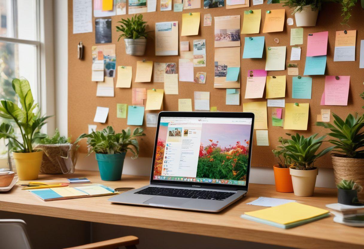 A colorful and inviting workspace with a laptop displaying a vibrant blog interface, surrounded by diverse community members brainstorming ideas. Include a corkboard filled with sticky notes and images representing engaging content. Add plants for a lively atmosphere and warm lighting to evoke a sense of community and creativity. super-realistic. vibrant colors. cozy ambience.